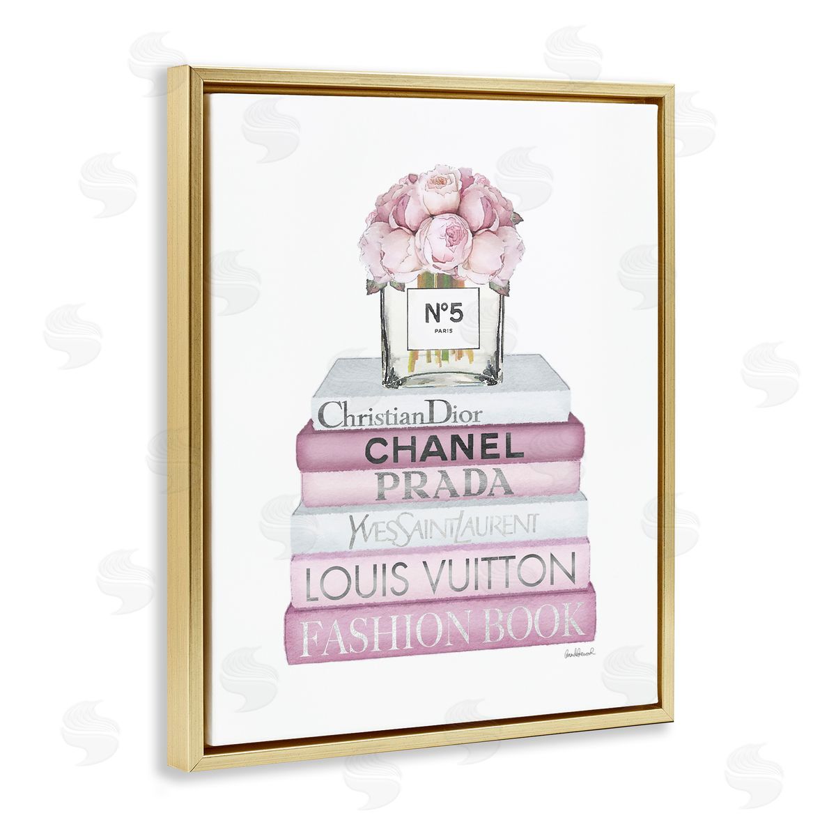 Soft Pink Rose Bookstack Gold Floating Frame Canvas Wall Art, Home Decor by Amanda Greenwood