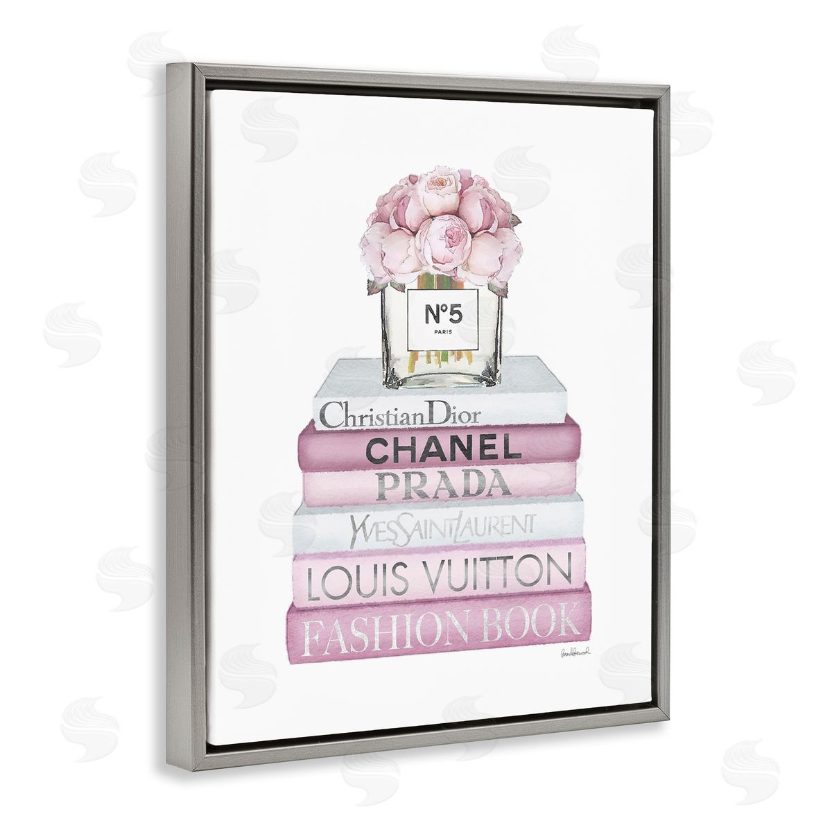 Soft Pink Rose Bookstack Grey Floating Frame Canvas Wall Art, Home Decor by Amanda Greenwood