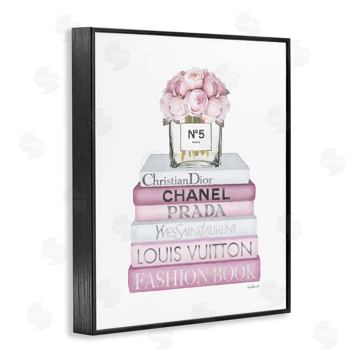 Soft Pink Rose Bookstack Black Frame Print Wall Art, Home Decor by Amanda Greenwood