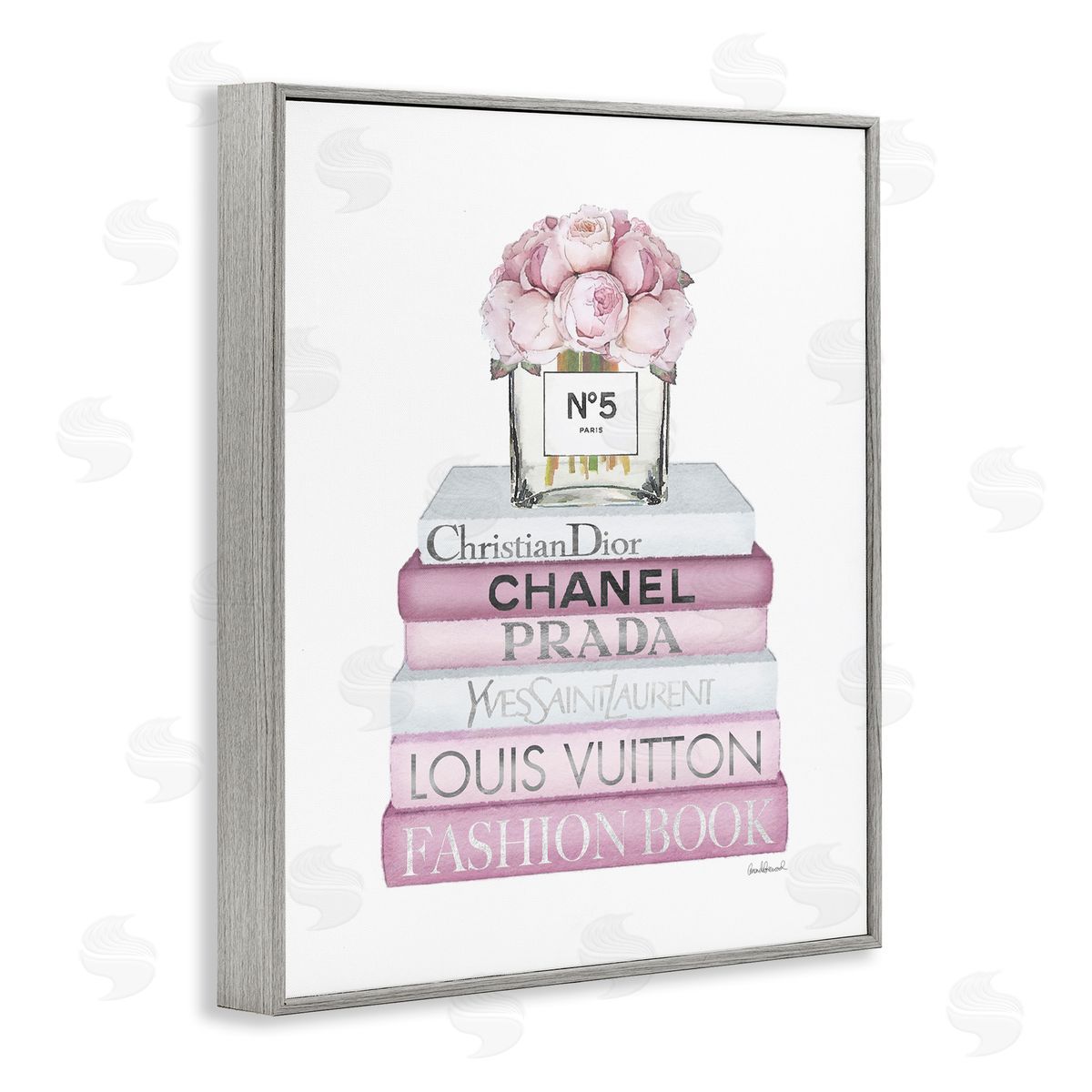 Soft Pink Rose Bookstack Grey Frame Print Wall Art, Home Decor by Amanda Greenwood