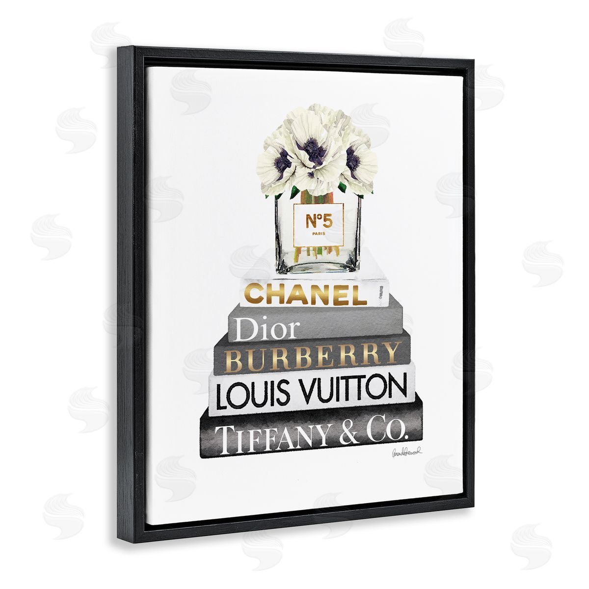 White Poppies Grey Fashion Books Black Floating Frame Canvas Wall Art, Home Decor by Amanda Greenwood