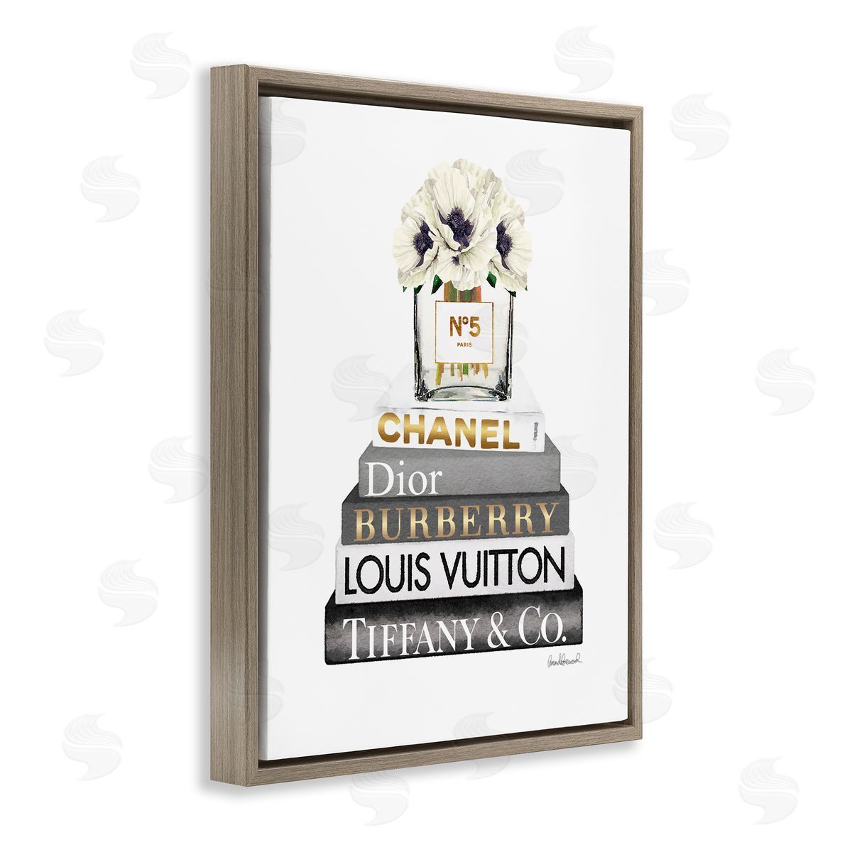 White Poppies Grey Fashion Books Brown Floating Frame Canvas Wall Art, Home Decor by Amanda Greenwood