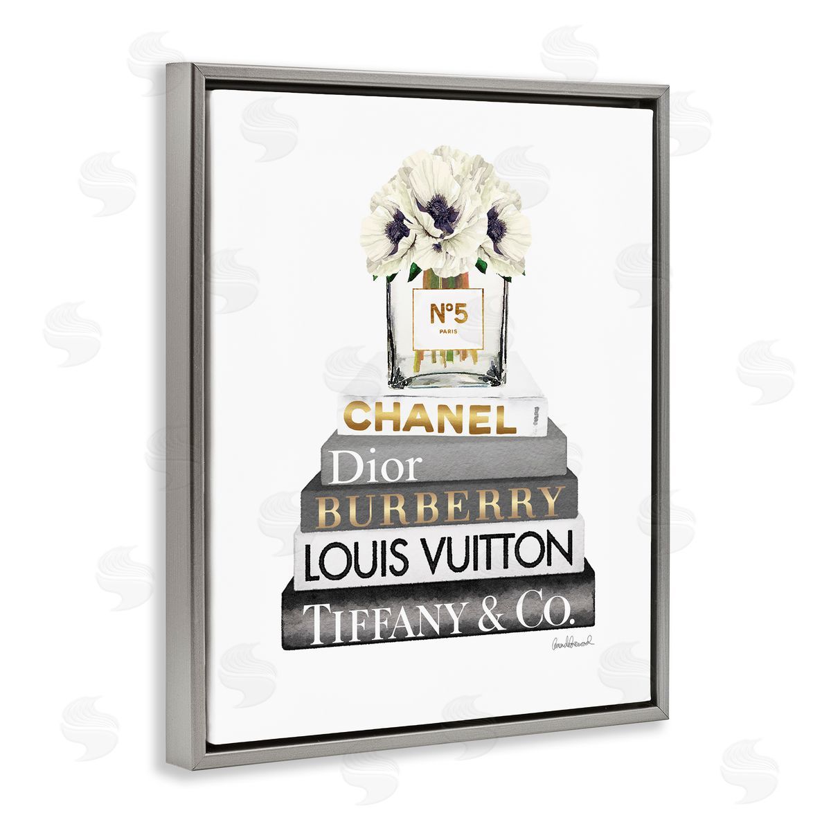 White Poppies Grey Fashion Books Grey Floating Frame Canvas Wall Art, Home Decor by Amanda Greenwood