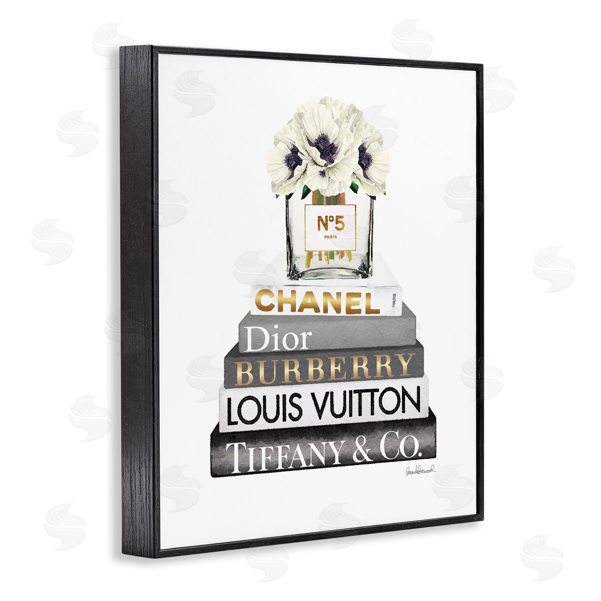 White Poppies Grey Fashion Books Black Frame Print Wall Art, Home Decor by Amanda Greenwood