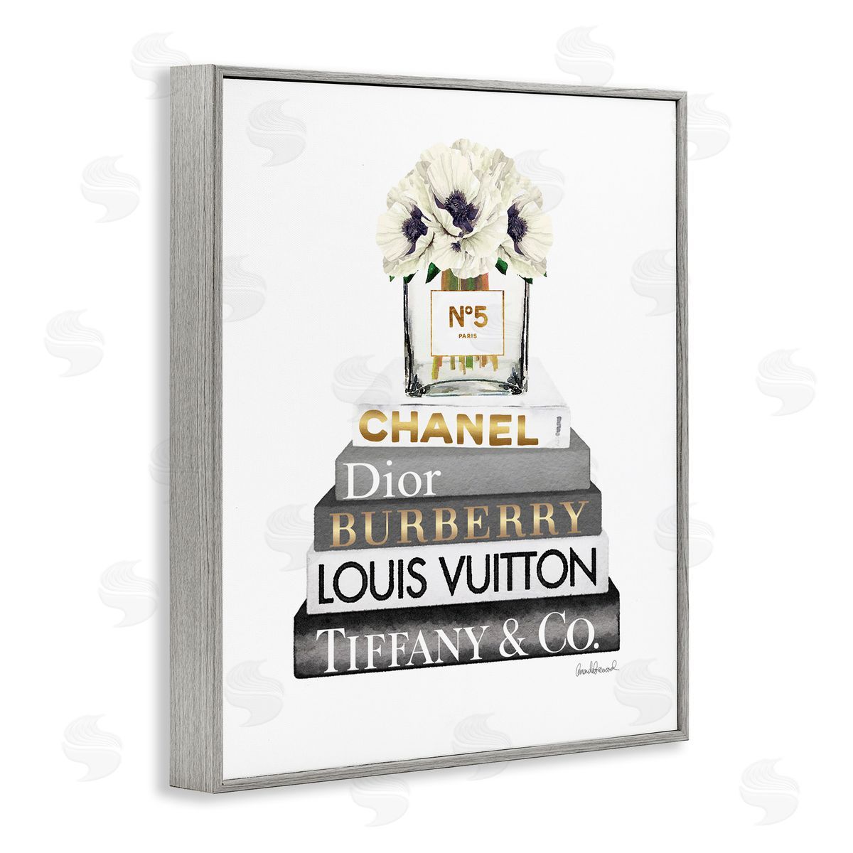 White Poppies Grey Fashion Books Grey Frame Print Wall Art, Home Decor by Amanda Greenwood