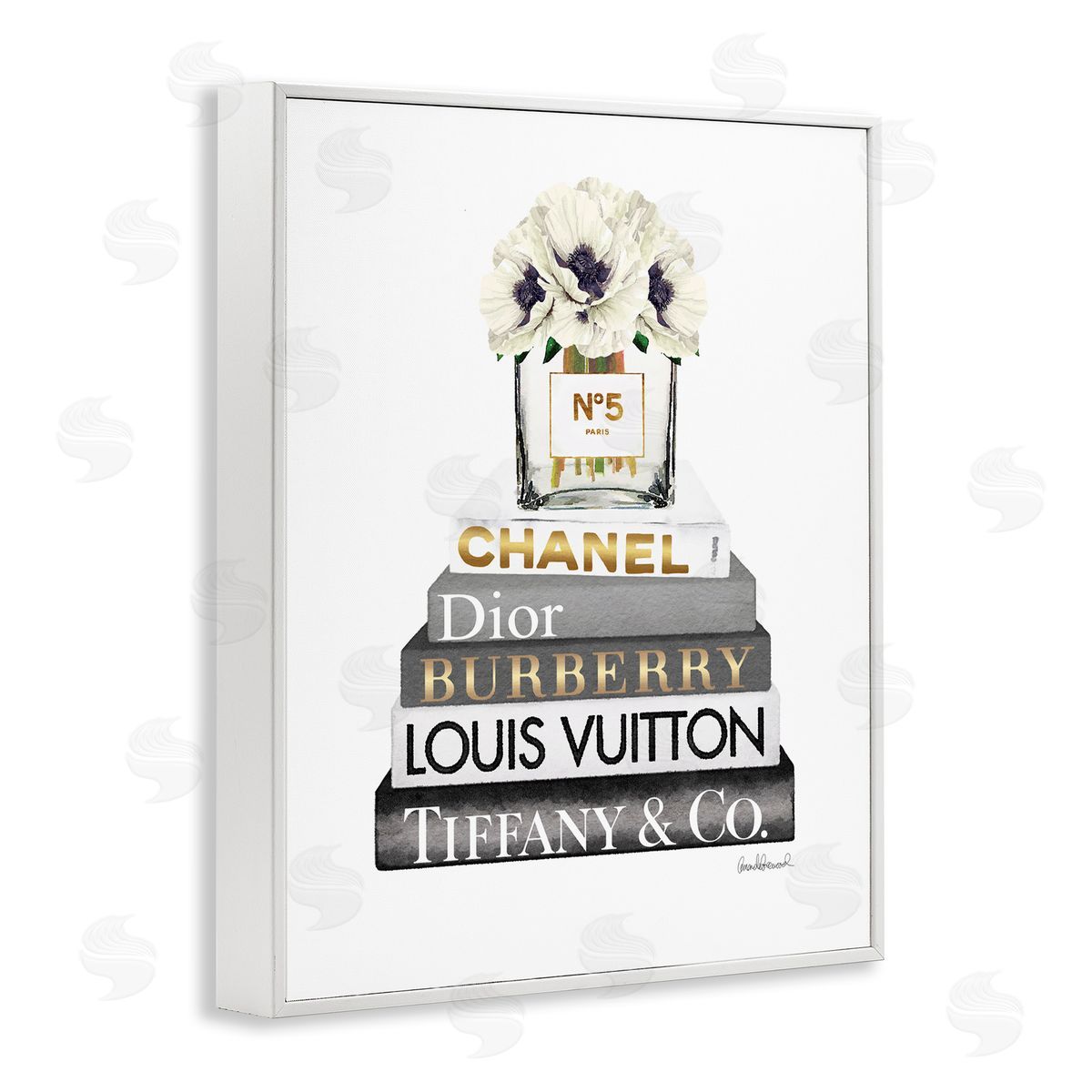 White Poppies Grey Fashion Books White Frame Print Wall Art, Home Decor by Amanda Greenwood