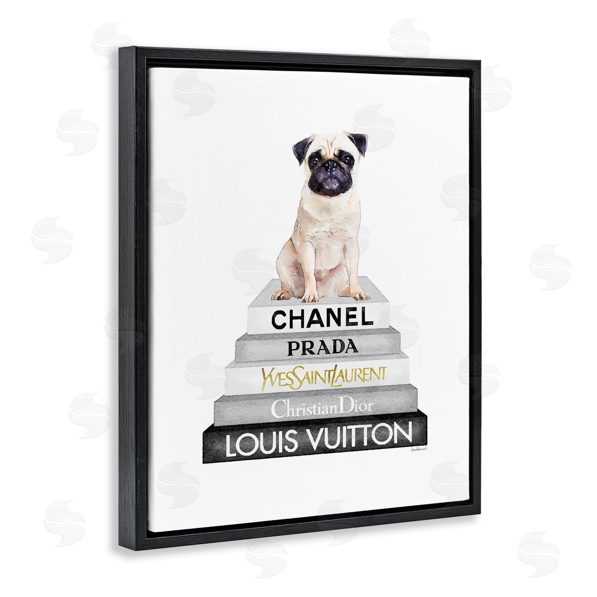 Pug Dog Grey Fashion Books Black Floating Frame Canvas Wall Art, Home Decor by Amanda Greenwood