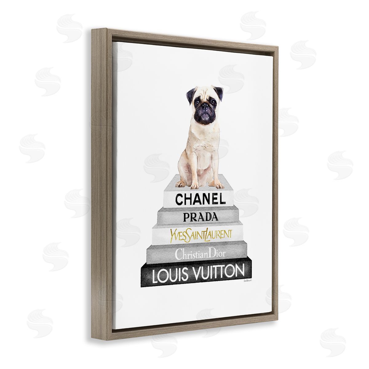 Pug Dog Grey Fashion Books Brown Floating Frame Canvas Wall Art, Home Decor by Amanda Greenwood