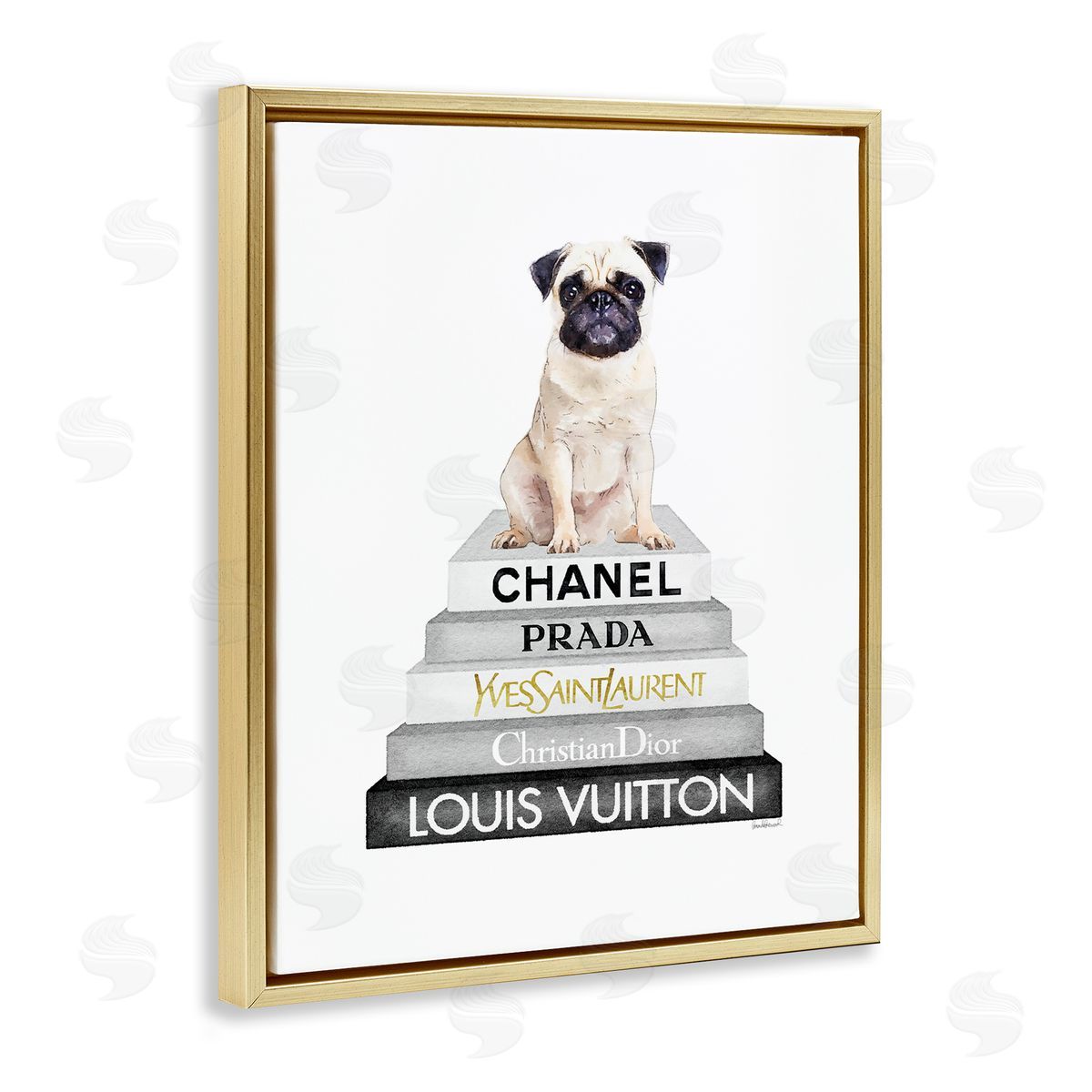 Pug Dog Grey Fashion Books Gold Floating Frame Canvas Wall Art, Home Decor by Amanda Greenwood