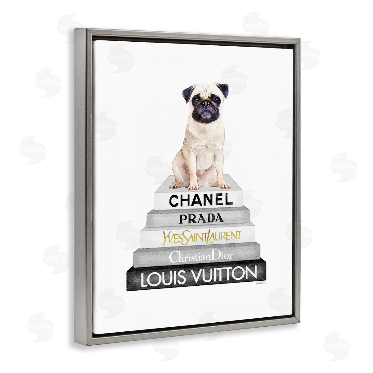 Pug Dog Grey Fashion Books Grey Floating Frame Canvas Wall Art, Home Decor by Amanda Greenwood