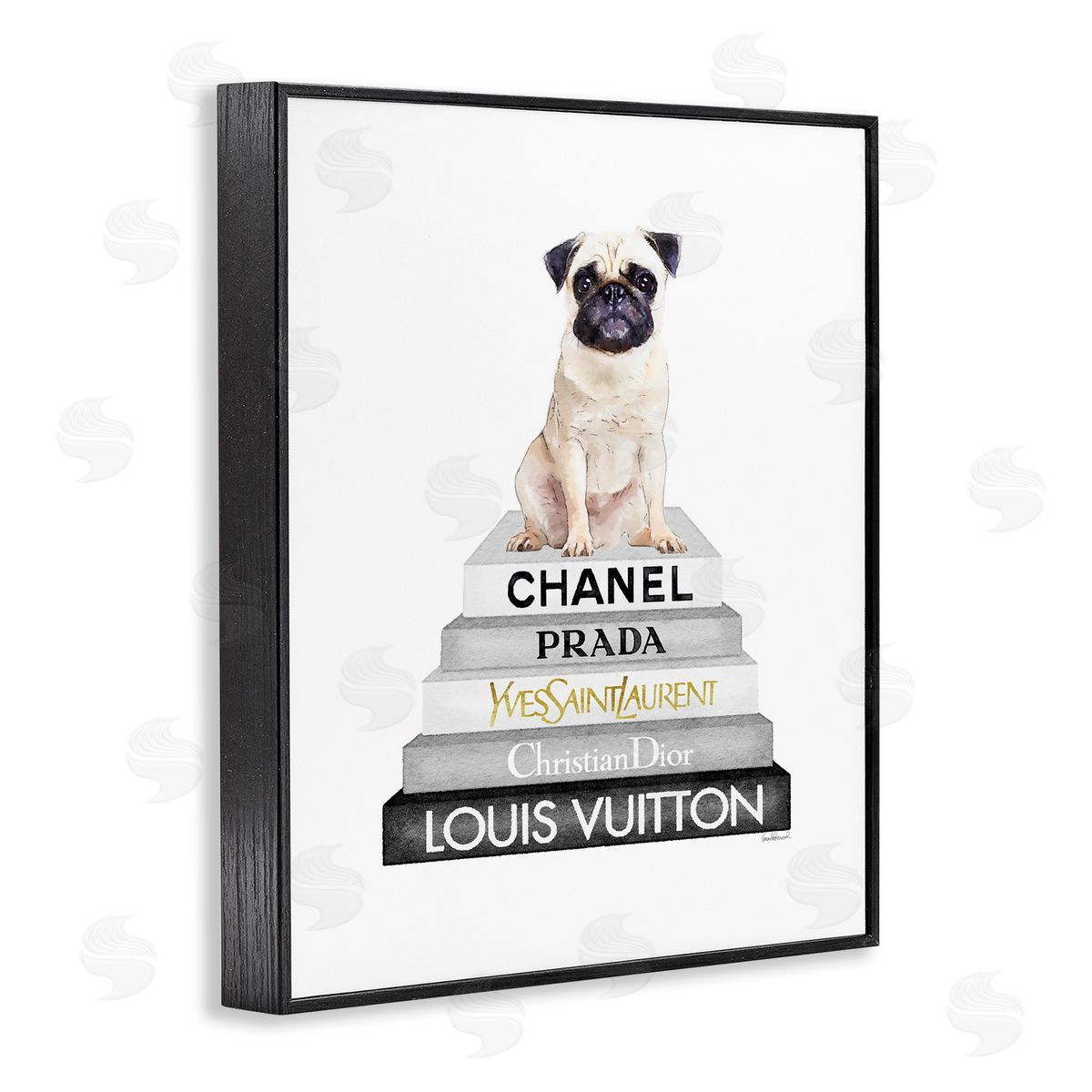 Pug Dog Grey Fashion Books Black Frame Print Wall Art, Home Decor by Amanda Greenwood