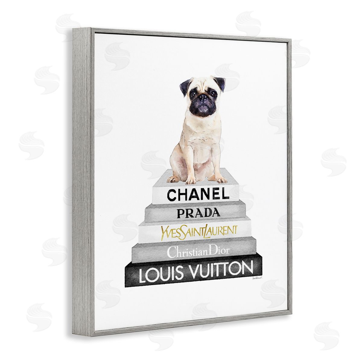 Pug Dog Grey Fashion Books Grey Frame Print Wall Art, Home Decor by Amanda Greenwood
