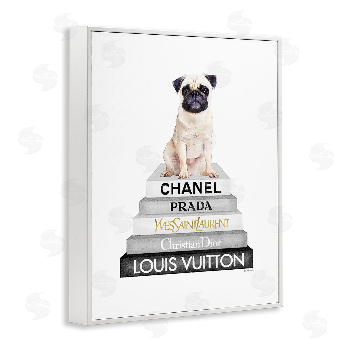 Pug Dog Grey Fashion Books White Frame Print Wall Art, Home Decor by Amanda Greenwood
