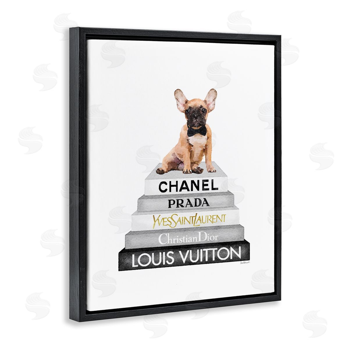 French Bulldog on Grey Bookstack Black Floating Frame Canvas Wall Art, Home Decor by Amanda Greenwood
