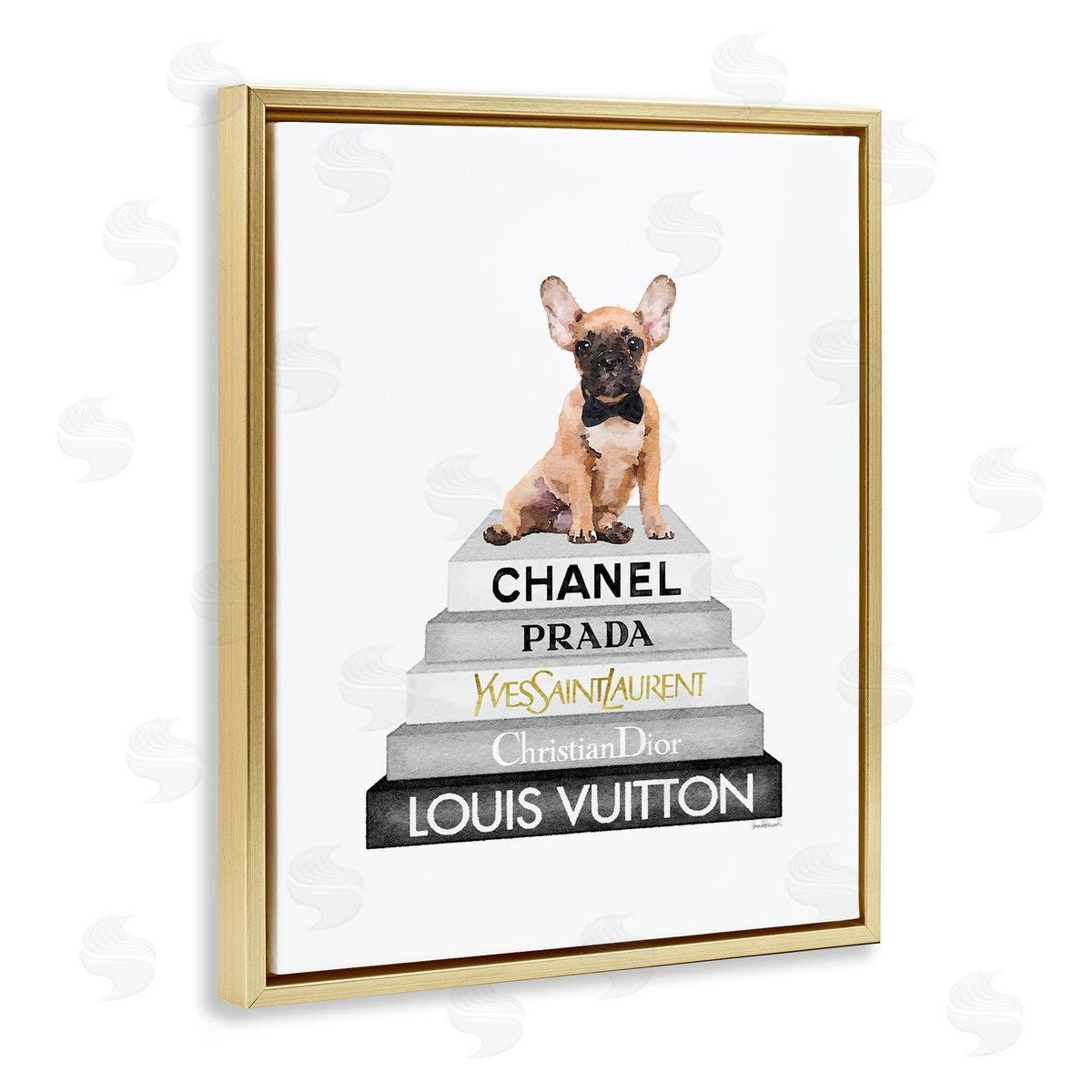 French Bulldog on Grey Bookstack Gold Floating Frame Canvas Wall Art, Home Decor by Amanda Greenwood