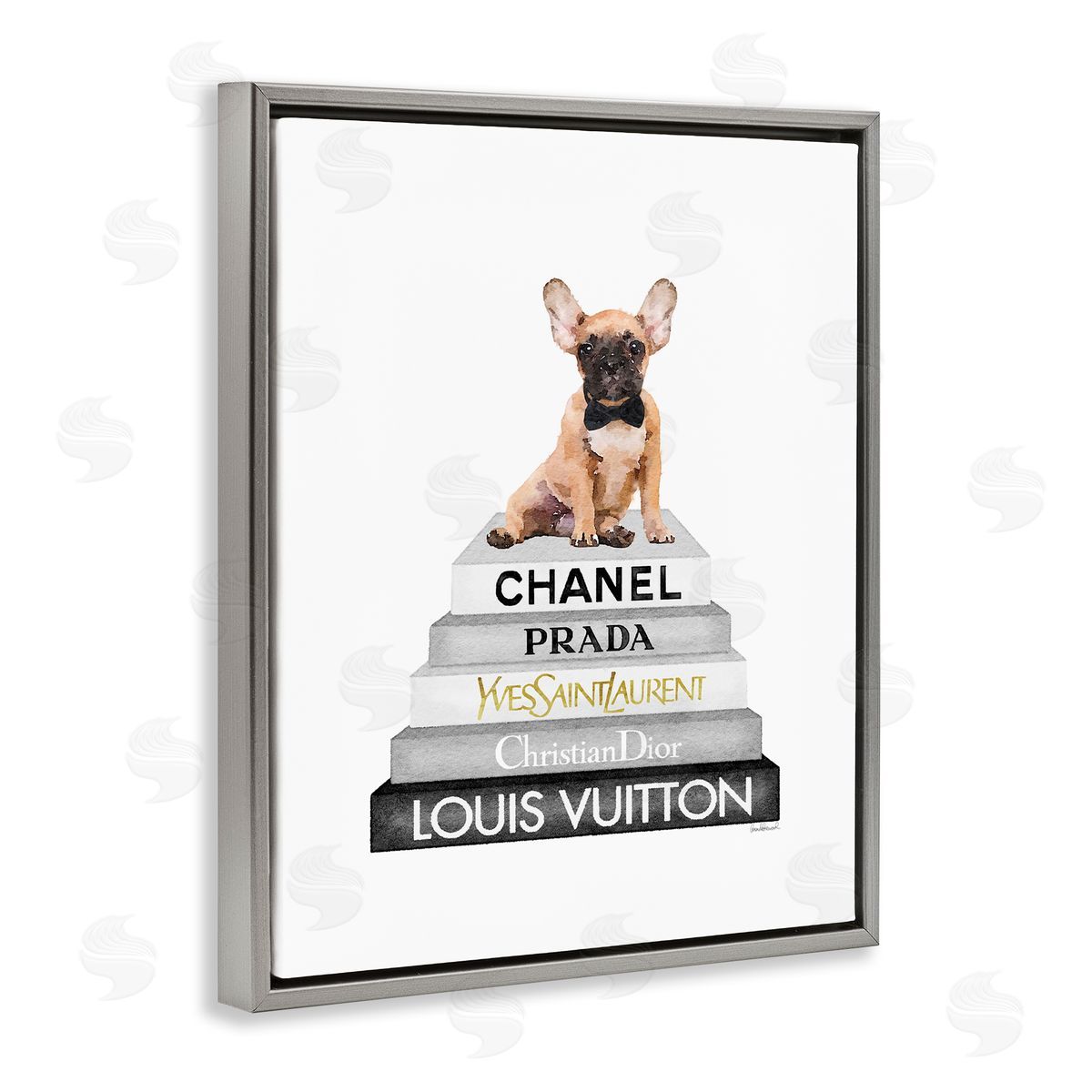 French Bulldog on Grey Bookstack Grey Floating Frame Canvas Wall Art, Home Decor by Amanda Greenwood