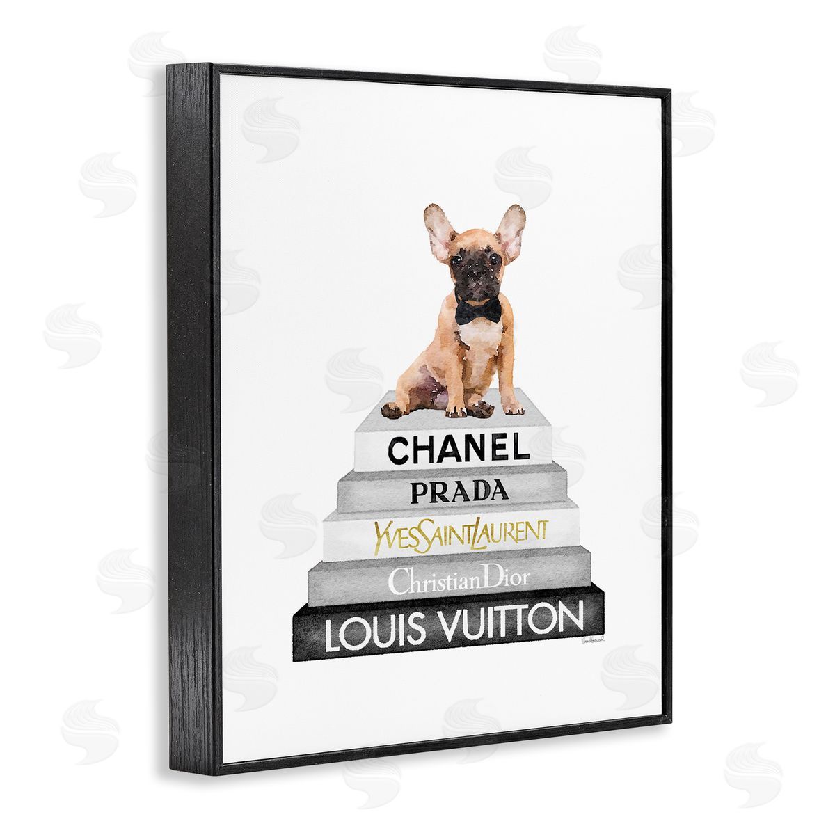 French Bulldog on Grey Bookstack Black Frame Print Wall Art, Home Decor by Amanda Greenwood