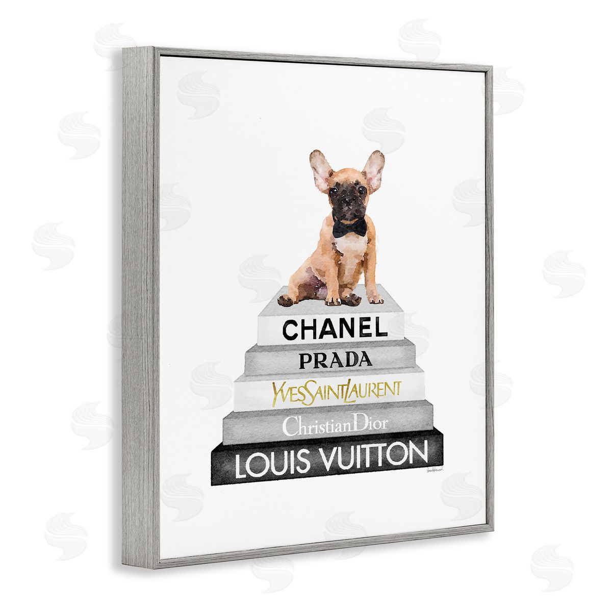 French Bulldog on Grey Bookstack Grey Frame Print Wall Art, Home Decor by Amanda Greenwood