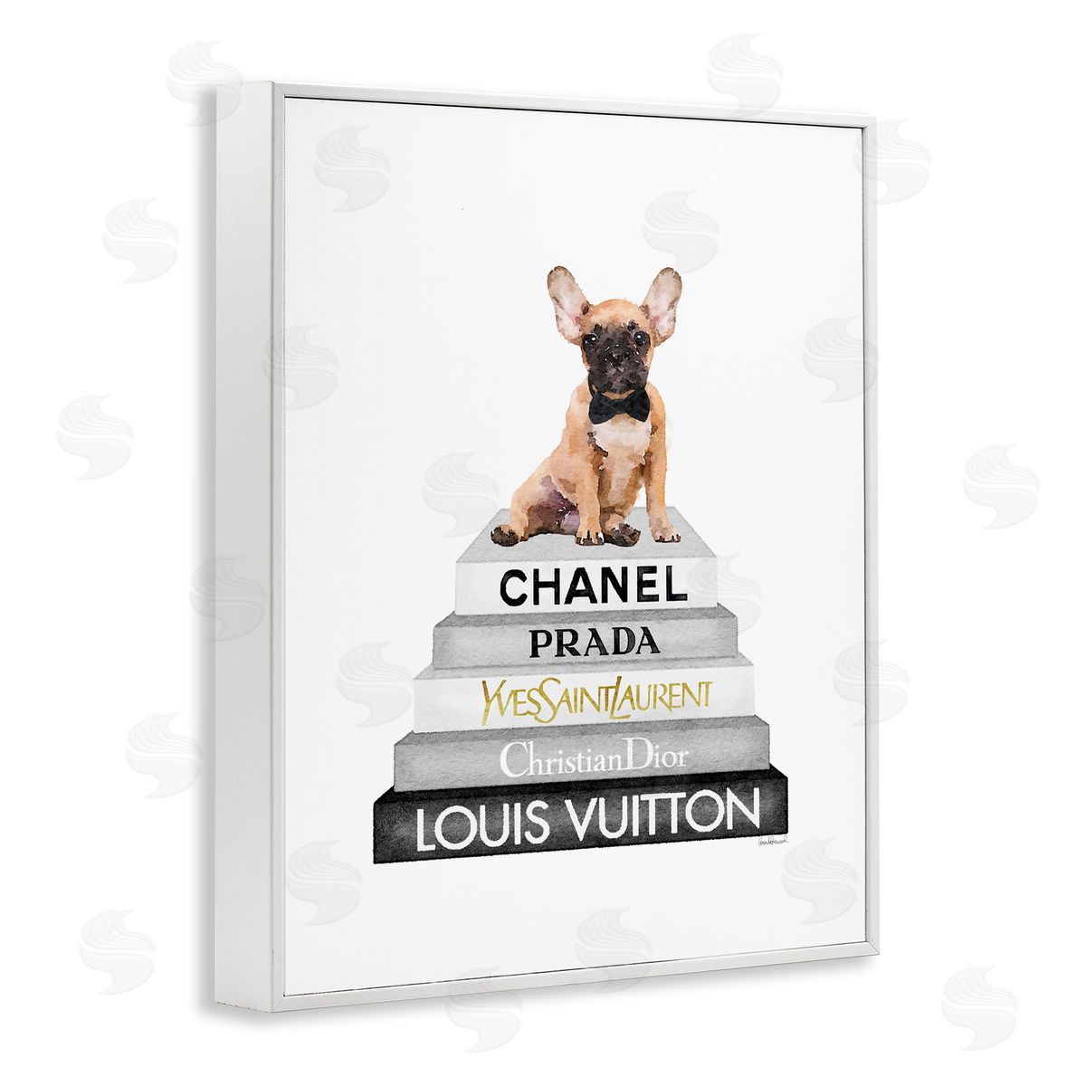 French Bulldog on Grey Bookstack White Frame Print Wall Art, Home Decor by Amanda Greenwood