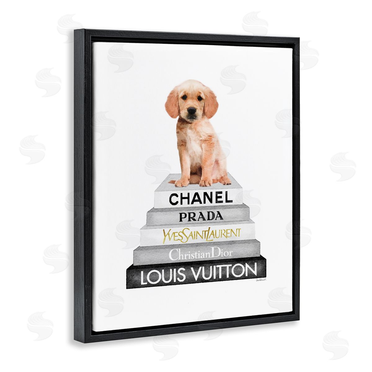 Puppy Dog Grey Fashion Books Black Floating Frame Canvas Wall Art, Home Decor by Amanda Greenwood