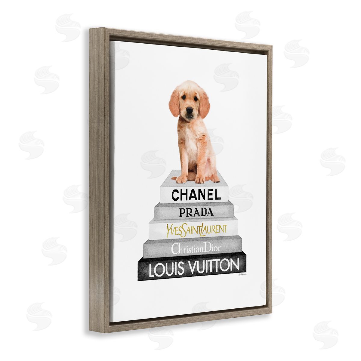 Puppy Dog Grey Fashion Books Brown Floating Frame Canvas Wall Art, Home Decor by Amanda Greenwood