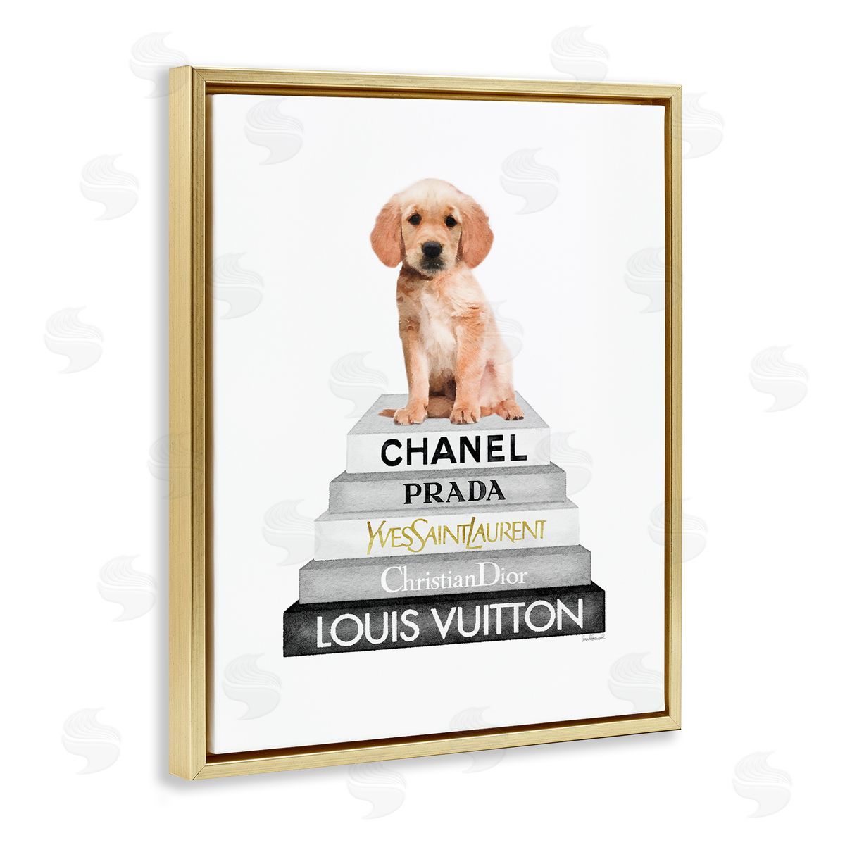 Puppy Dog Grey Fashion Books Gold Floating Frame Canvas Wall Art, Home Decor by Amanda Greenwood