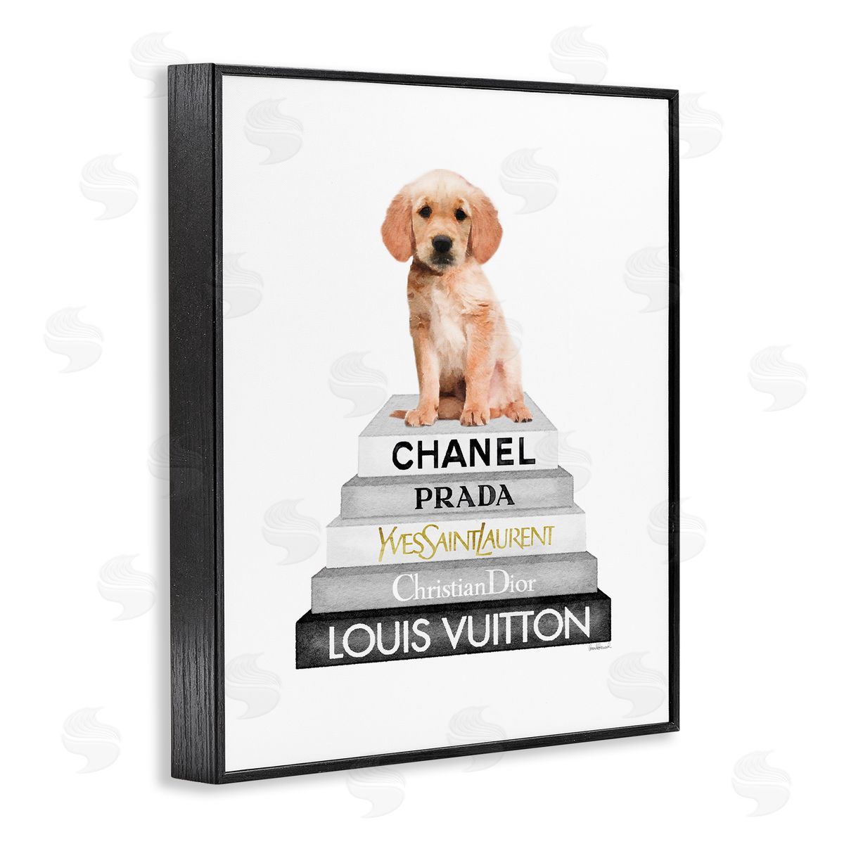 Puppy Dog Grey Fashion Books Black Frame Print Wall Art, Home Decor by Amanda Greenwood