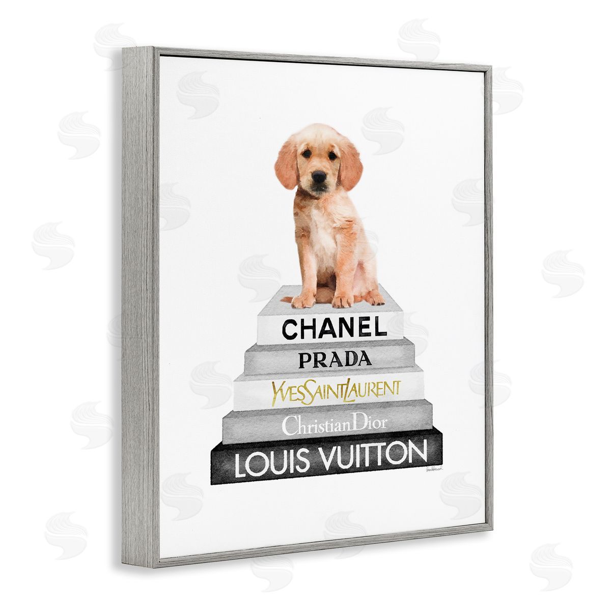 Puppy Dog Grey Fashion Books Grey Frame Print Wall Art, Home Decor by Amanda Greenwood
