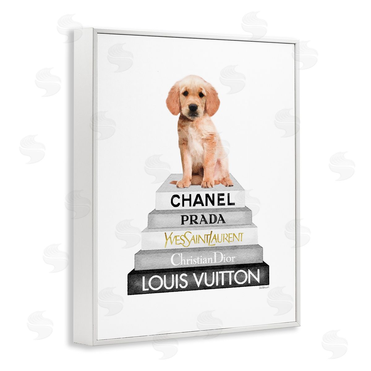 Puppy Dog Grey Fashion Books White Frame Print Wall Art, Home Decor by Amanda Greenwood