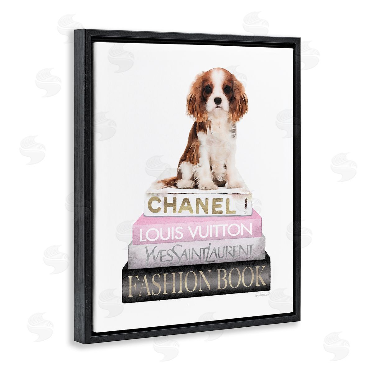 Spaniel Puppy Pink Fashion Bookstack Black Floating Frame Canvas Wall Art, Home Decor by Amanda Greenwood