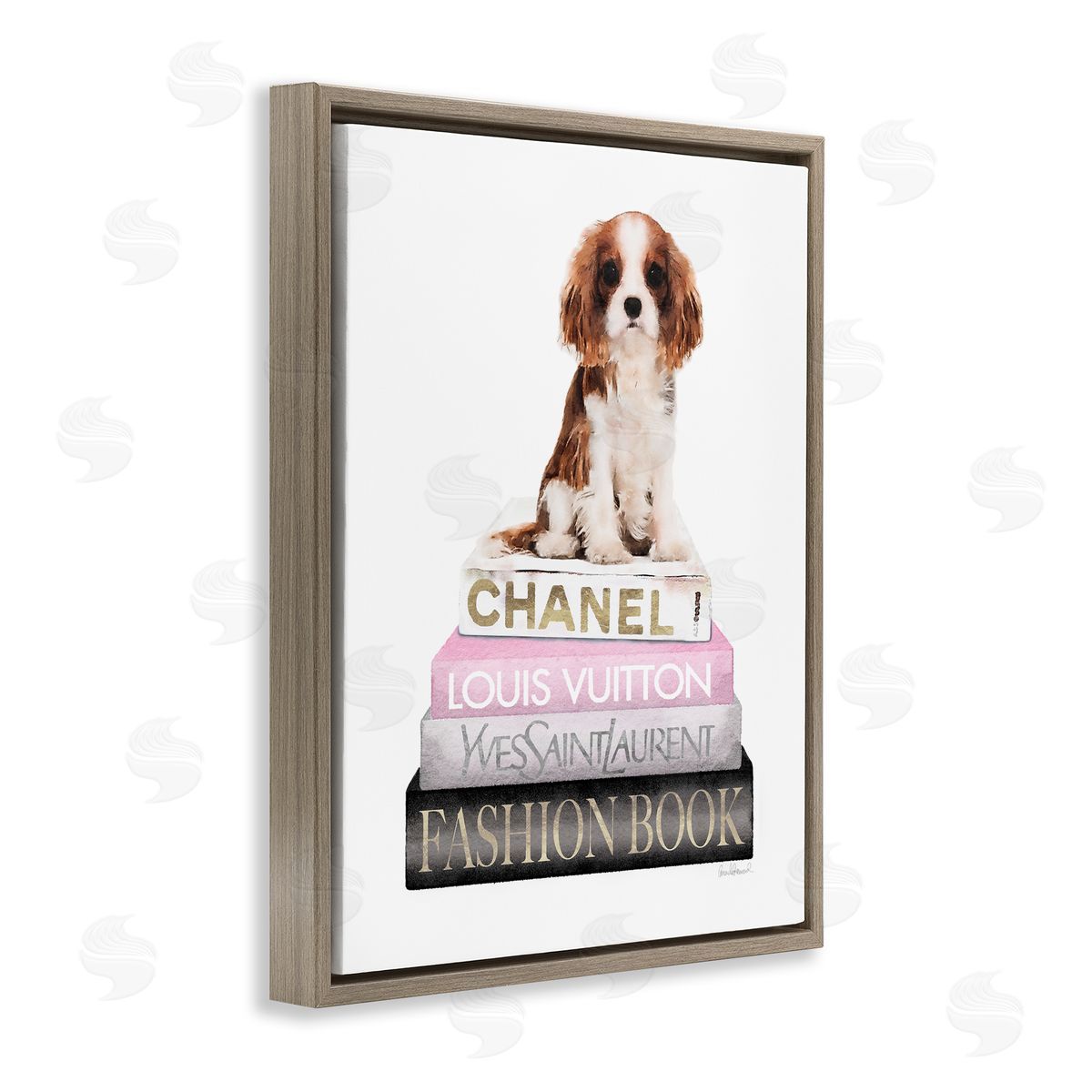 Spaniel Puppy Pink Fashion Bookstack Brown Floating Frame Canvas Wall Art, Home Decor by Amanda Greenwood