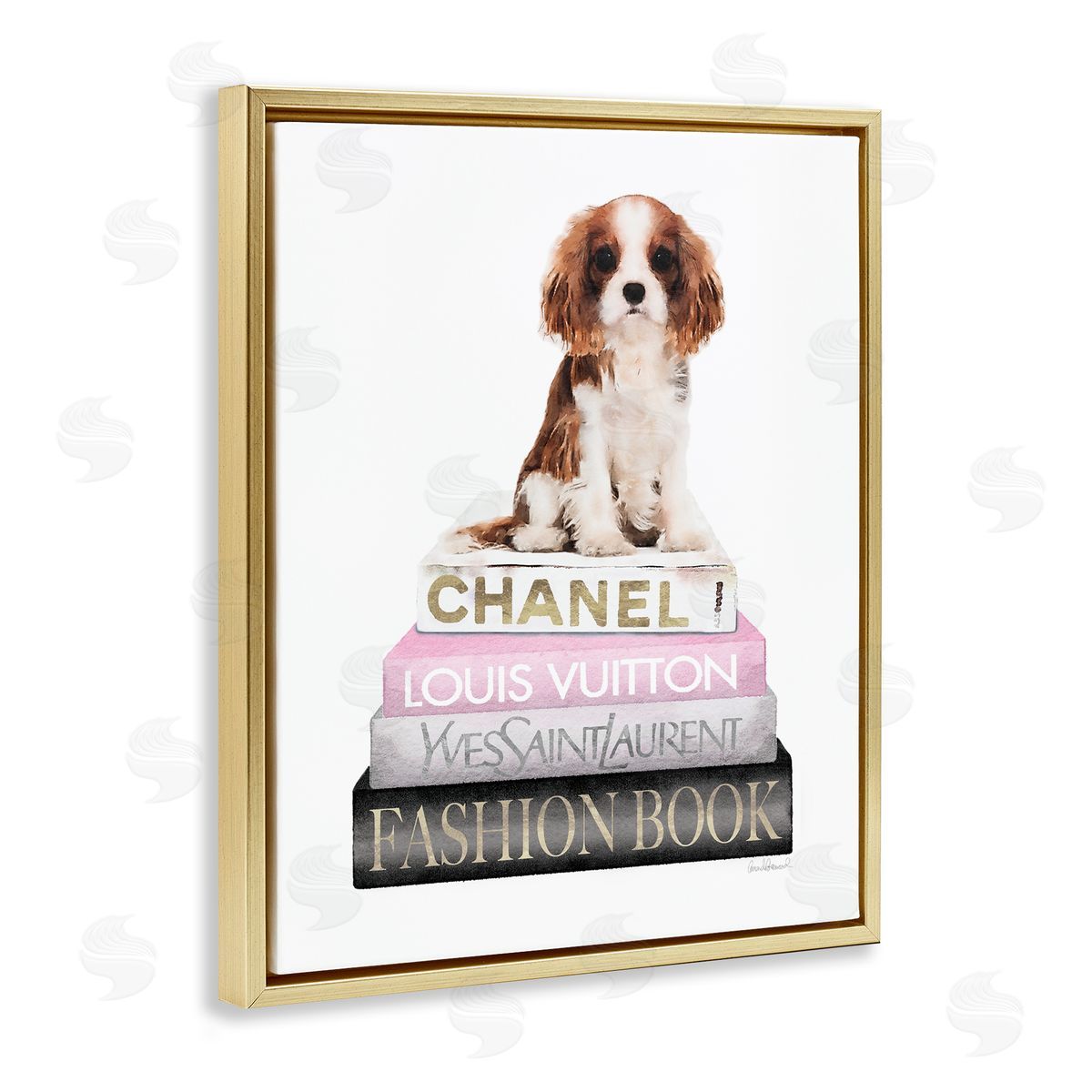 Spaniel Puppy Pink Fashion Bookstack Gold Floating Frame Canvas Wall Art, Home Decor by Amanda Greenwood