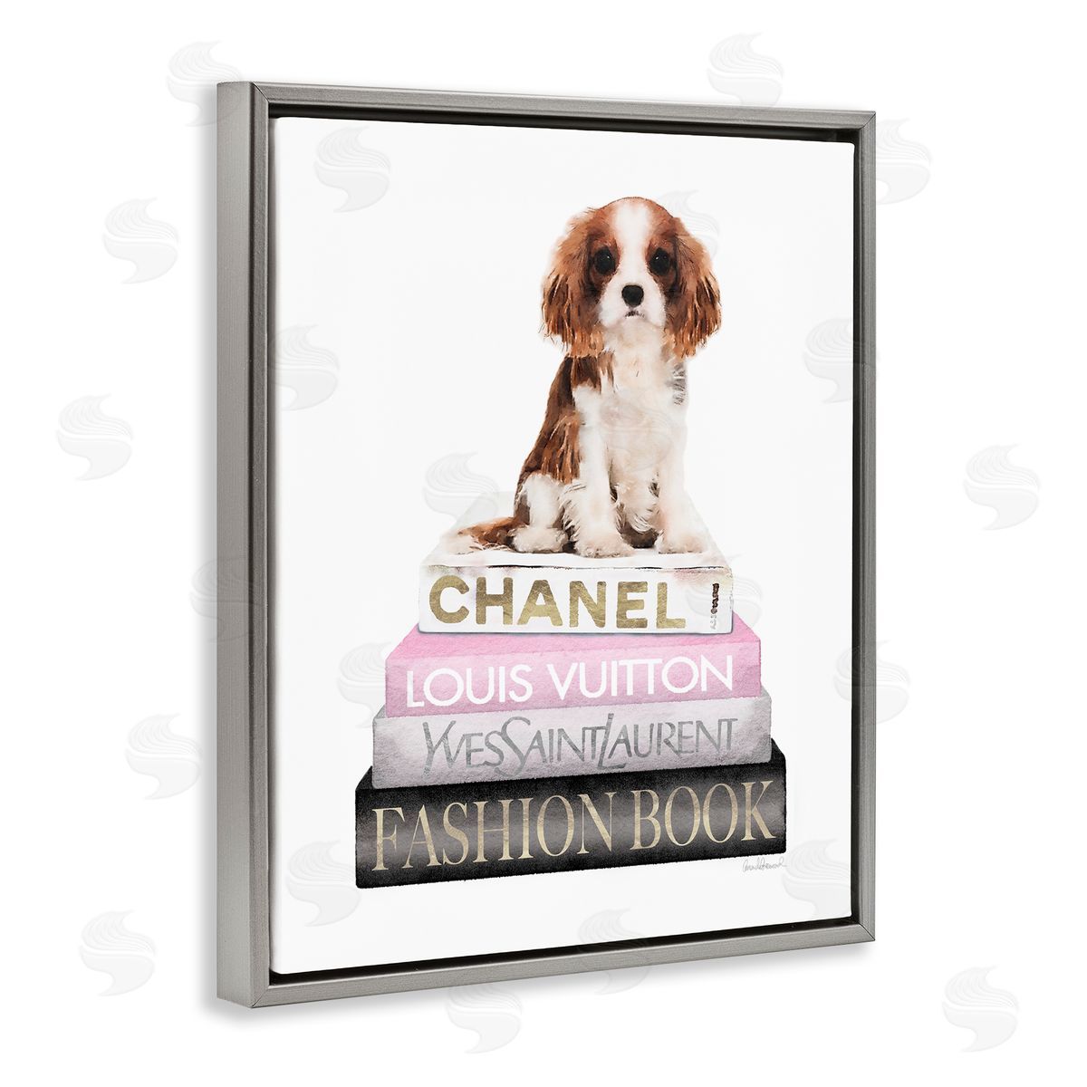 Spaniel Puppy Pink Fashion Bookstack Grey Floating Frame Canvas Wall Art, Home Decor by Amanda Greenwood
