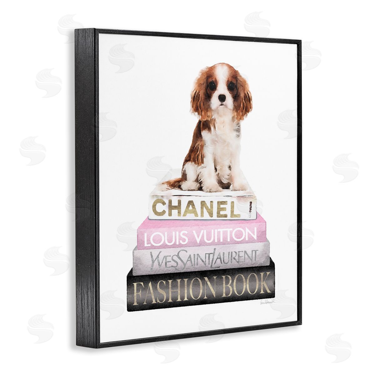 Spaniel Puppy Pink Fashion Bookstack Black Frame Print Wall Art, Home Decor by Amanda Greenwood