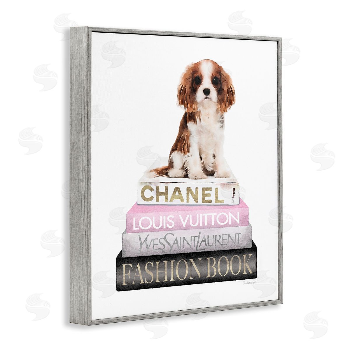 Spaniel Puppy Pink Fashion Bookstack Grey Frame Print Wall Art, Home Decor by Amanda Greenwood