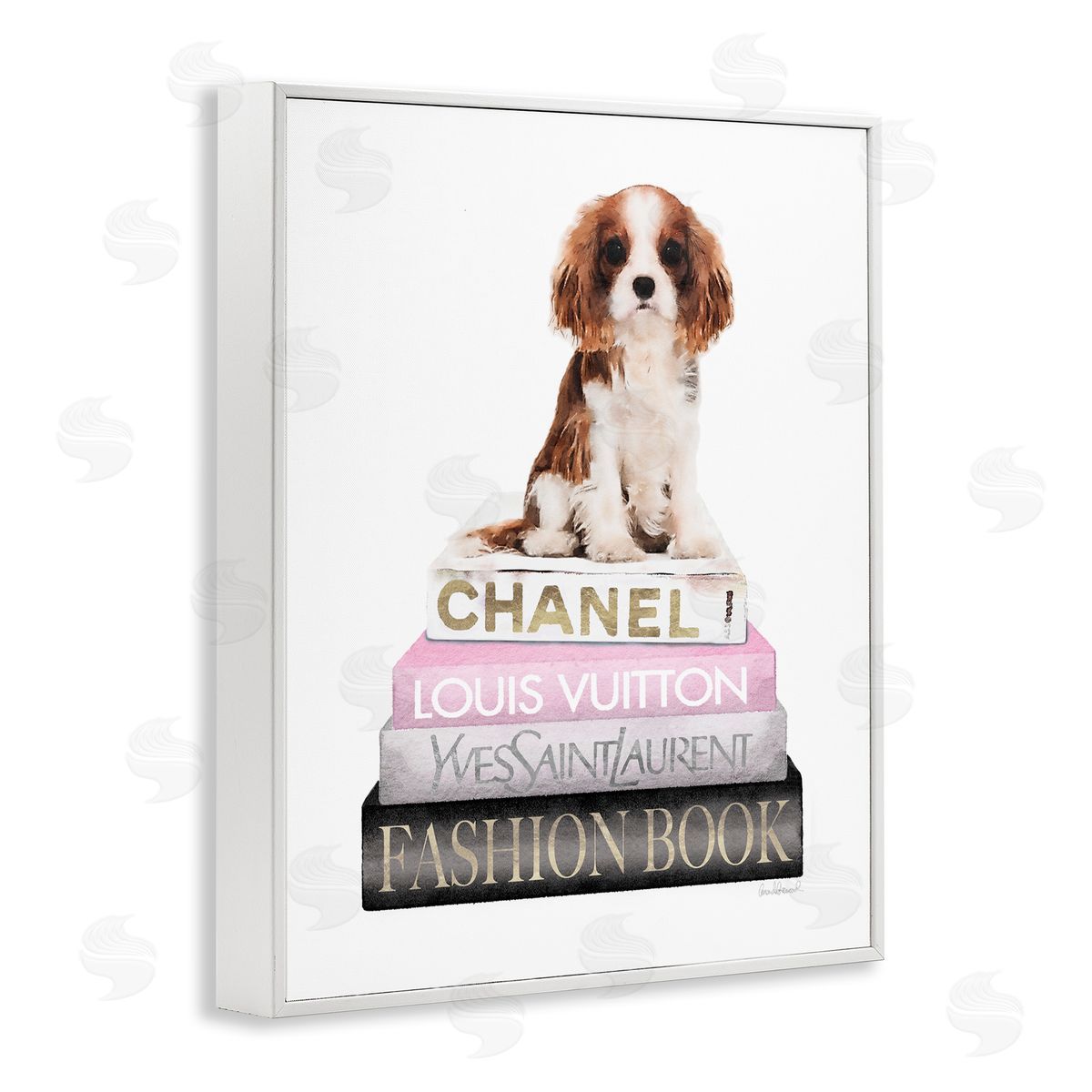 Spaniel Puppy Pink Fashion Bookstack White Frame Print Wall Art, Home Decor by Amanda Greenwood