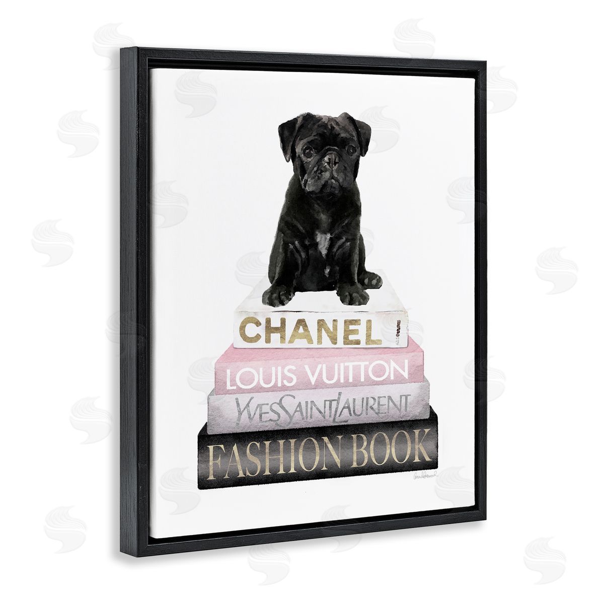 French Bulldog Pink Bookstack Black Floating Frame Canvas Wall Art, Home Decor by Amanda Greenwood