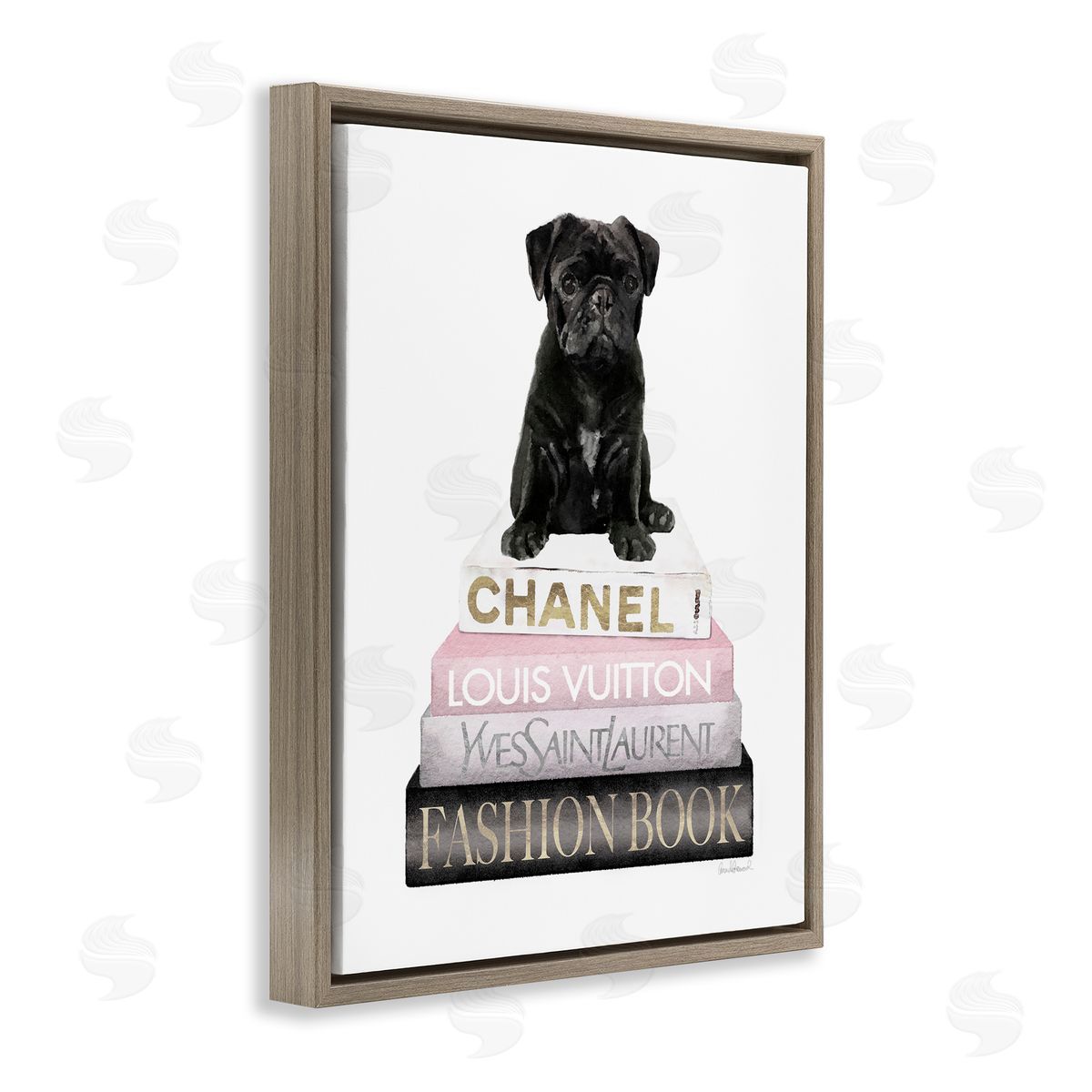 French Bulldog Pink Bookstack Brown Floating Frame Canvas Wall Art, Home Decor by Amanda Greenwood