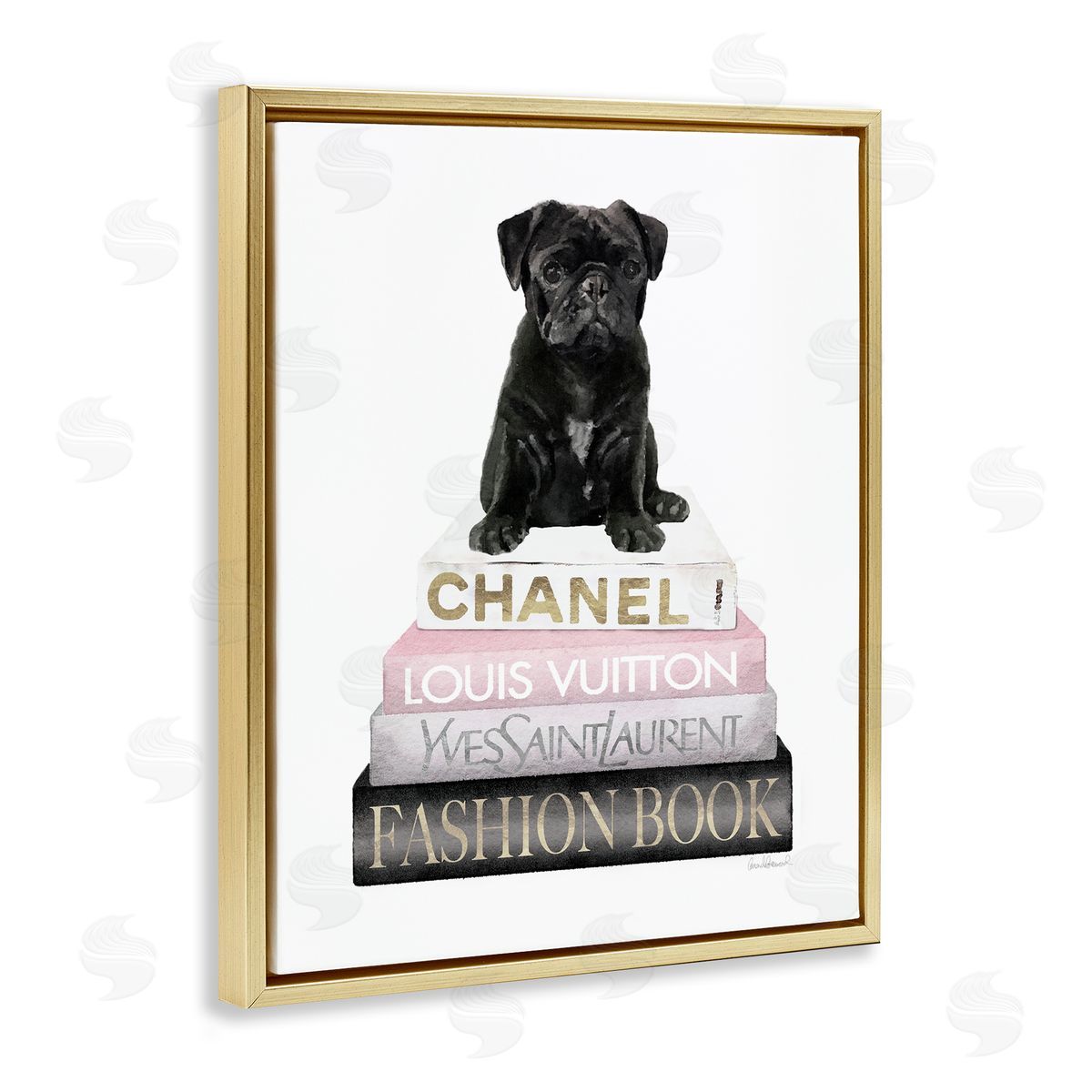 French Bulldog Pink Bookstack Gold Floating Frame Canvas Wall Art, Home Decor by Amanda Greenwood