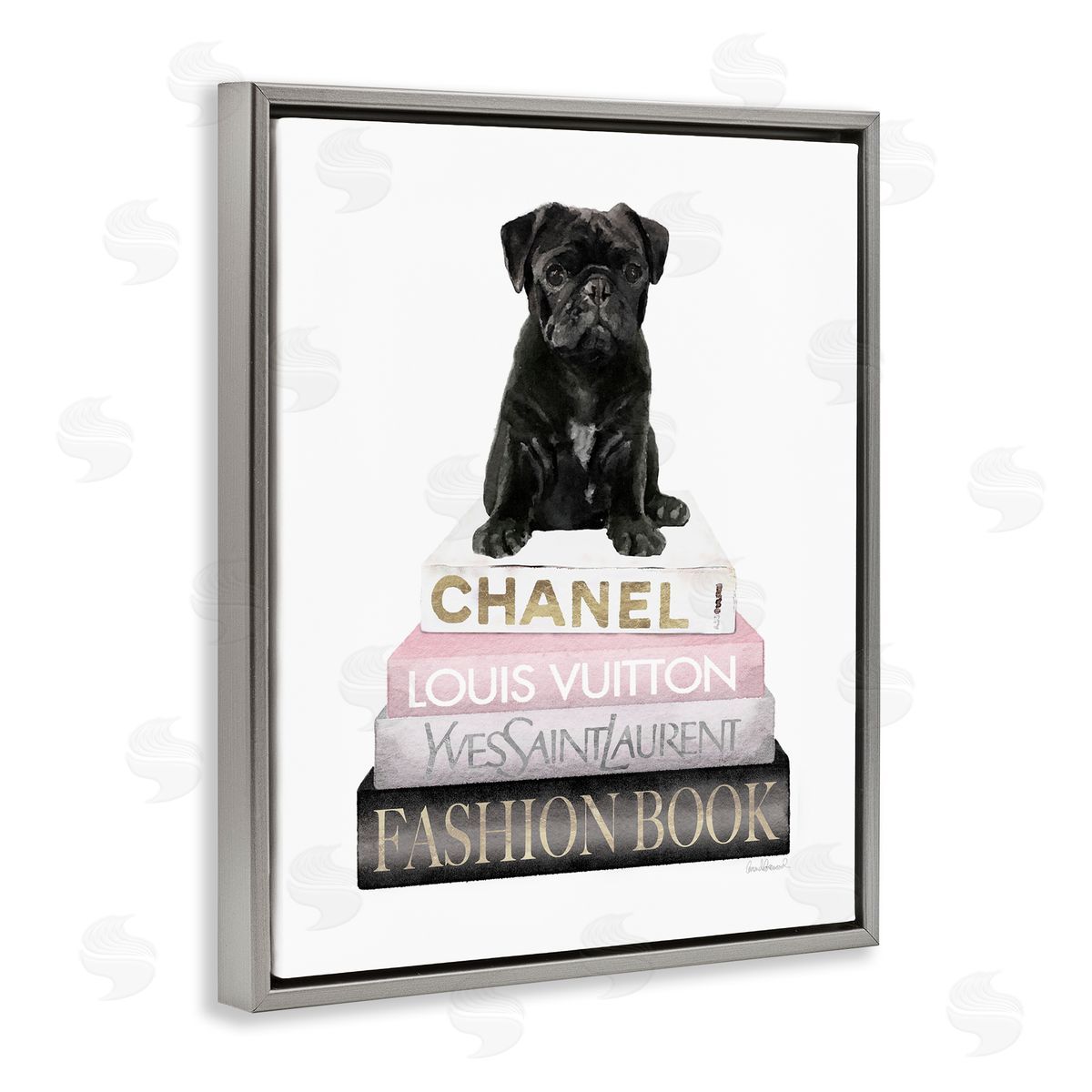 French Bulldog Pink Bookstack Grey Floating Frame Canvas Wall Art, Home Decor by Amanda Greenwood
