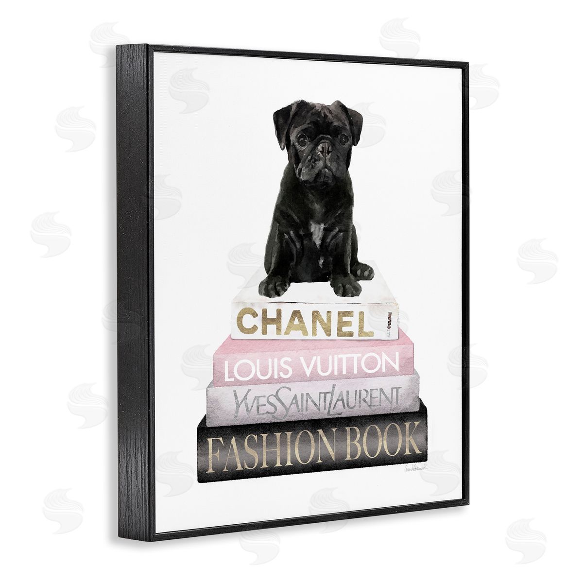 French Bulldog Pink Bookstack Black Frame Print Wall Art, Home Decor by Amanda Greenwood
