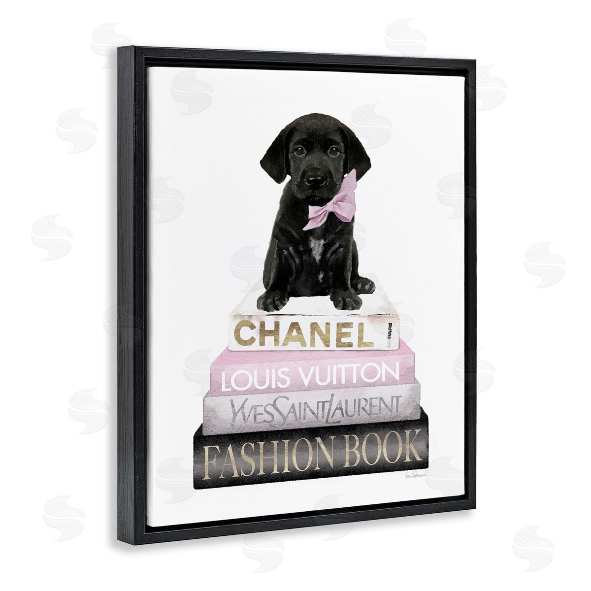 Puppy with Bow Bookstack Black Floating Frame Canvas Wall Art, Home Decor by Amanda Greenwood