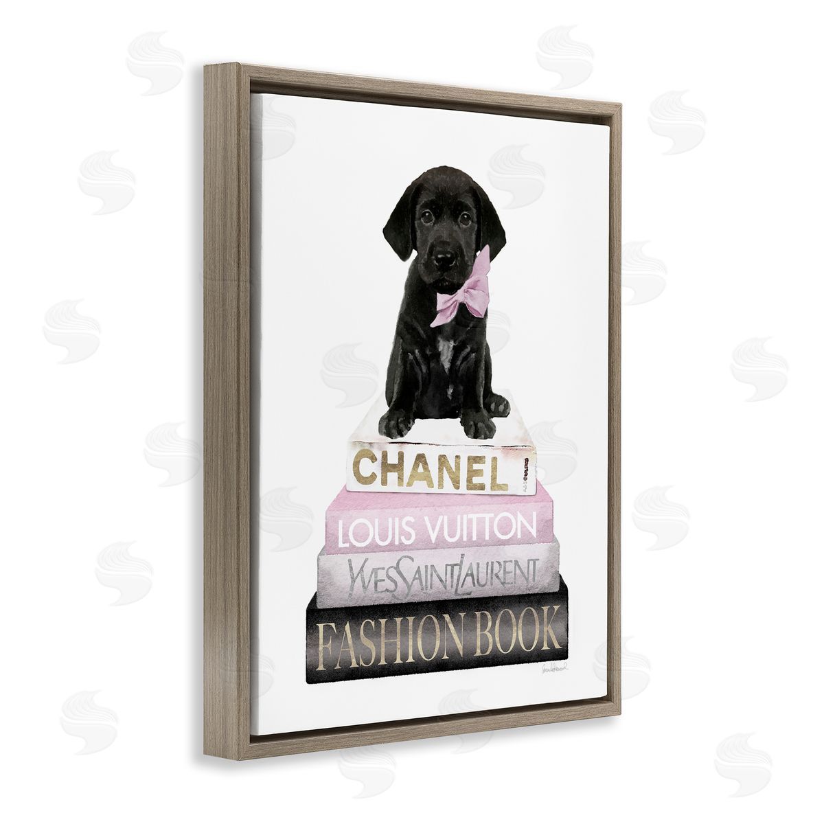 Puppy with Bow Bookstack Brown Floating Frame Canvas Wall Art, Home Decor by Amanda Greenwood