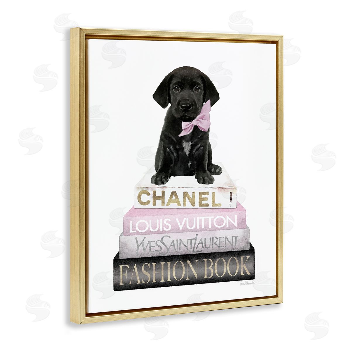 Puppy with Bow Bookstack Gold Floating Frame Canvas Wall Art, Home Decor by Amanda Greenwood