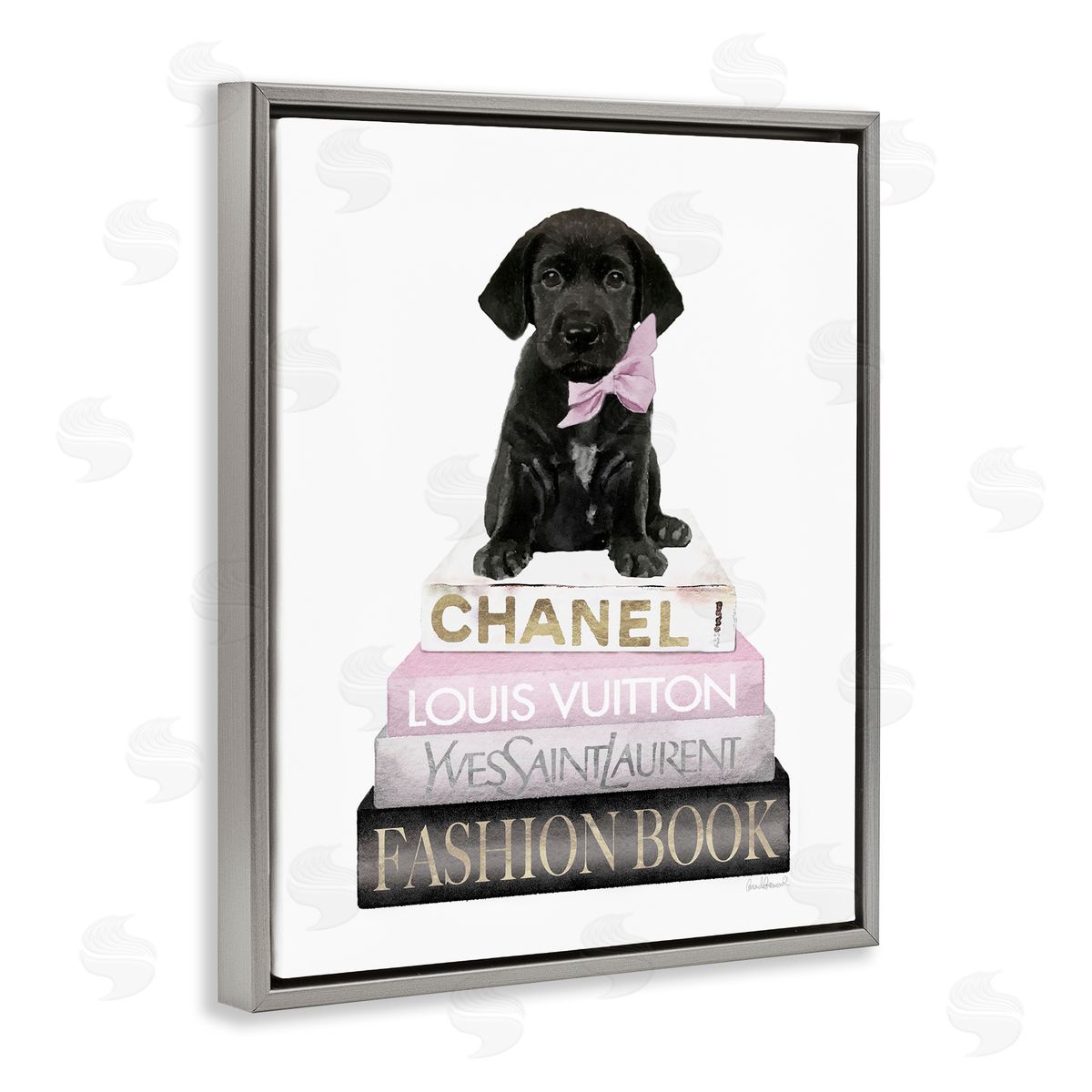 Puppy with Bow Bookstack Grey Floating Frame Canvas Wall Art, Home Decor by Amanda Greenwood