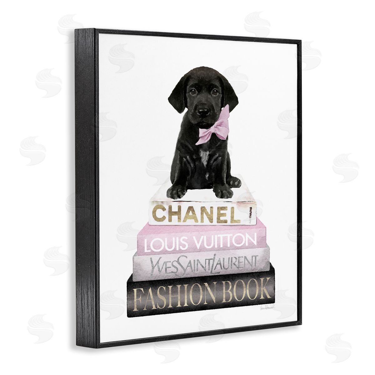 Puppy with Bow Bookstack Black Frame Print Wall Art, Home Decor by Amanda Greenwood
