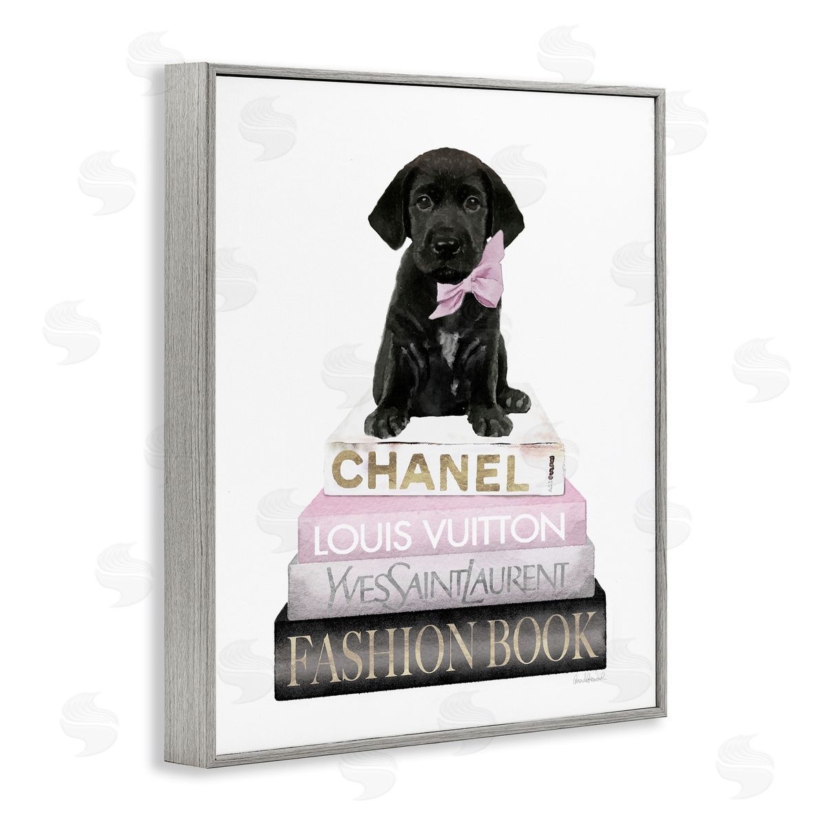 Puppy with Bow Bookstack Grey Frame Print Wall Art, Home Decor by Amanda Greenwood
