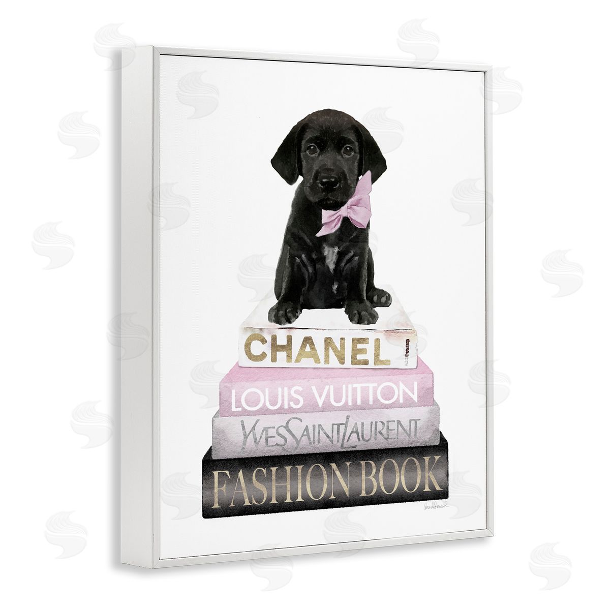 Puppy with Bow Bookstack White Frame Print Wall Art, Home Decor by Amanda Greenwood