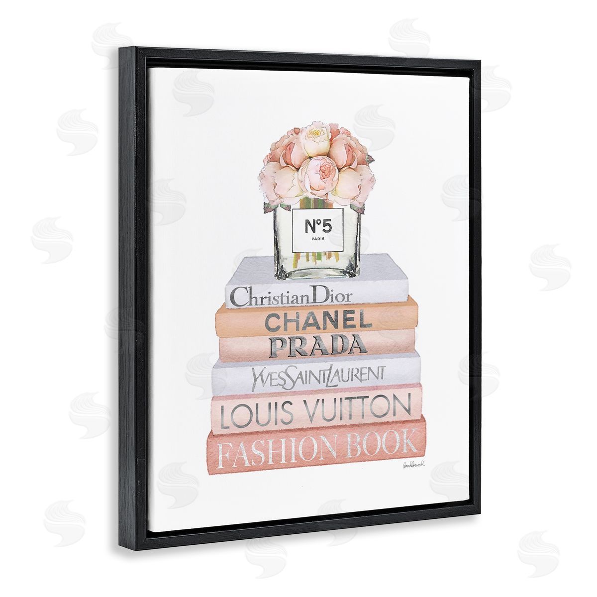Delicate Pink Roses on Books Black Floating Frame Canvas Wall Art, Home Decor by Amanda Greenwood