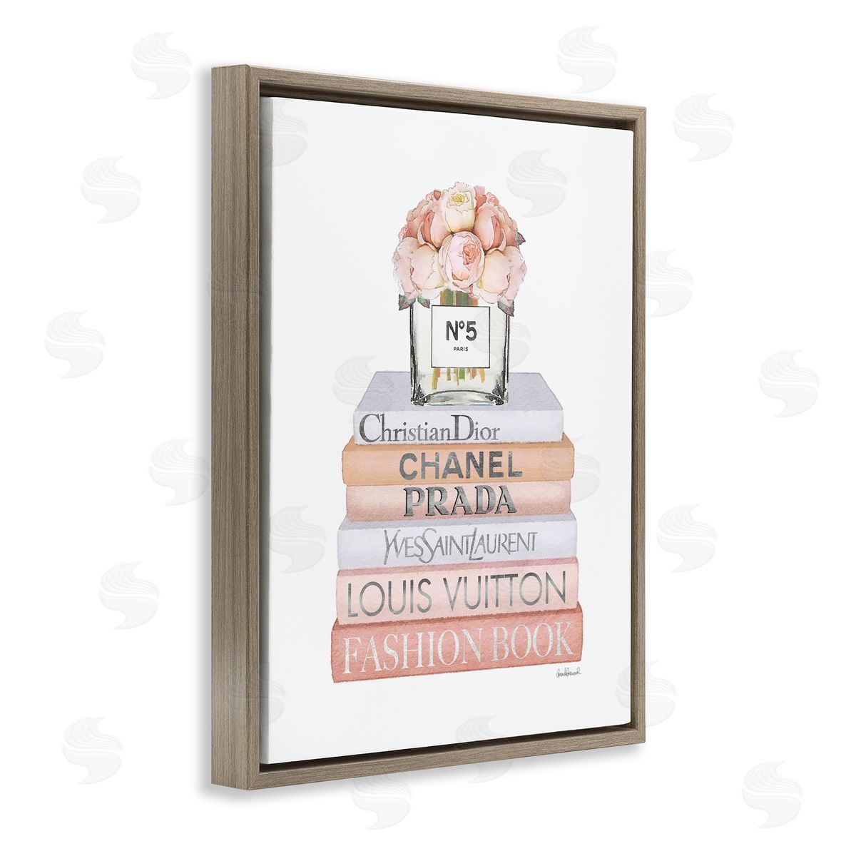 Delicate Pink Roses on Books Brown Floating Frame Canvas Wall Art, Home Decor by Amanda Greenwood